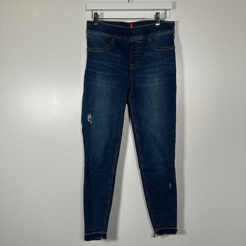 Spanx Distressed Blue Skinny Jeans Medium‎ Wash Raw Hem Pull On Shapewear Medium